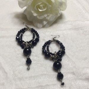 Used Black Bead & Rhinestone Double Circle Chandelier Earrings